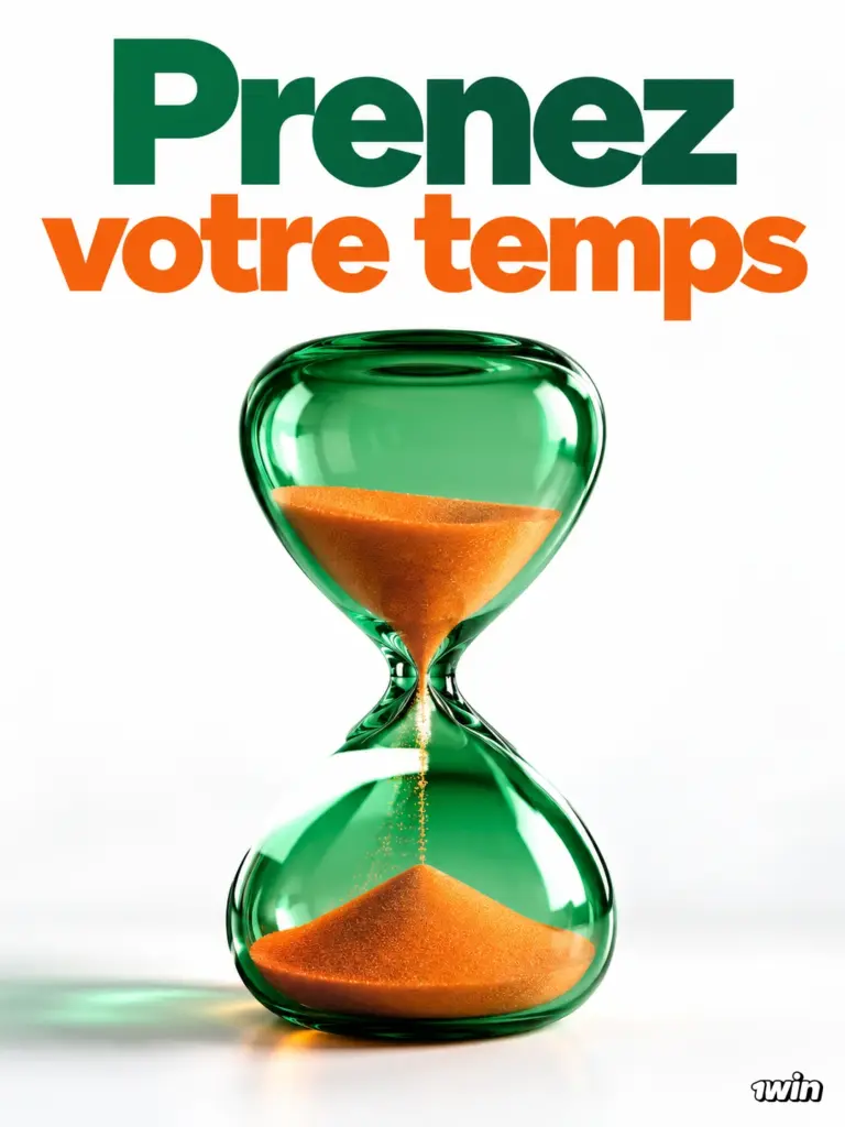 Sablier vert contenant du sable orange avec le message Prenez votre temps.